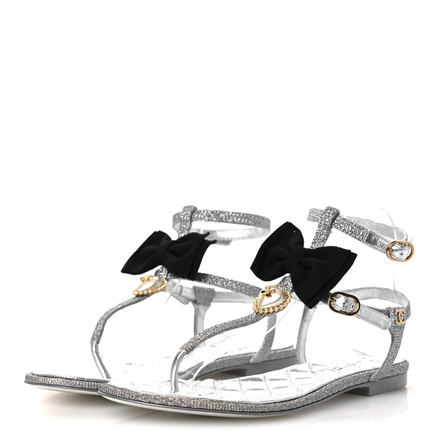 Chanel Fabric Grosgrain Pearl Crystal Thong Sandals 40 Silver Black 4 of 11