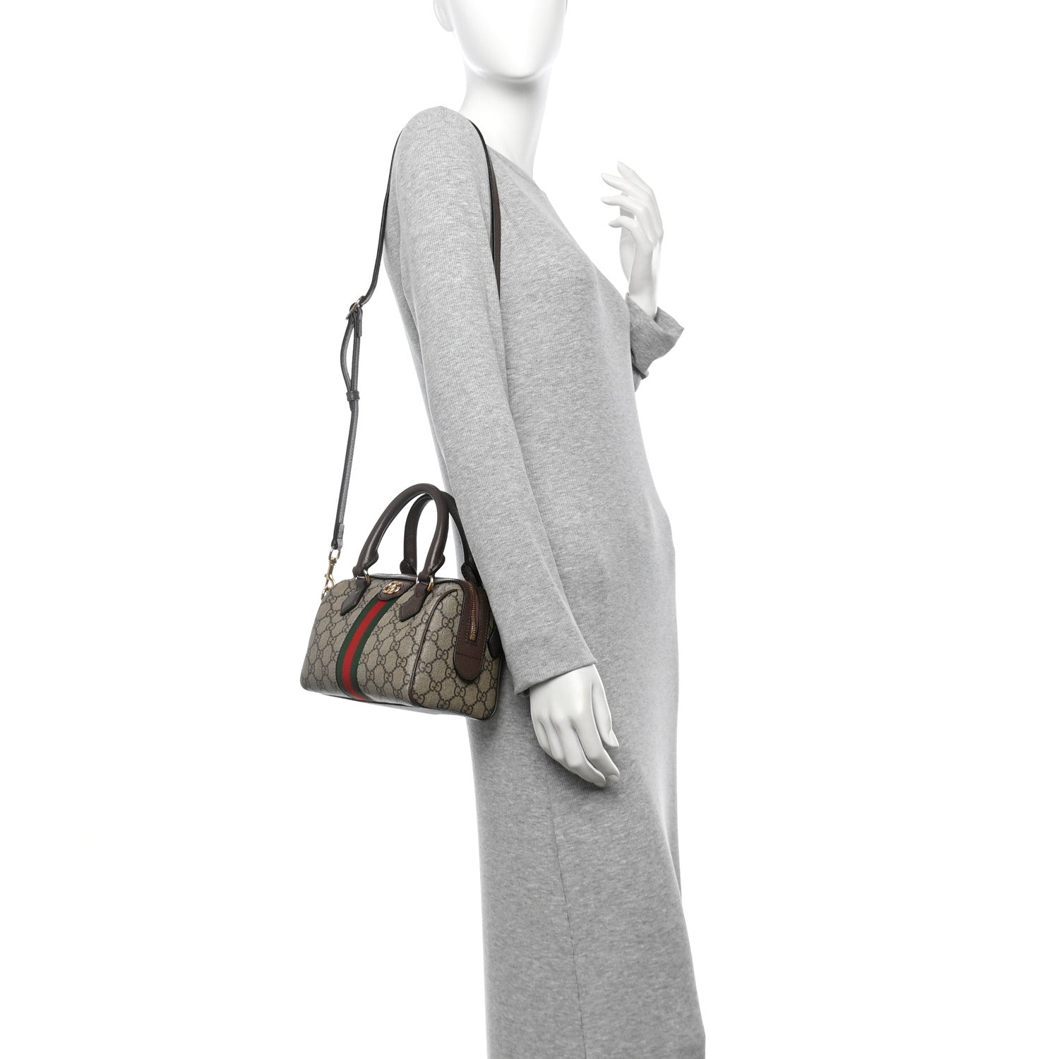 Gucci GG Supreme Monogram Textured Dollar Calfskin Web Mini Ophidia Top Handle Bag Beige Dark Brown 2 of 13