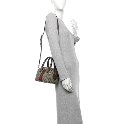 Gucci GG Supreme Monogram Textured Dollar Calfskin Web Mini Ophidia Top Handle Bag Beige Dark Brown 2 of 13