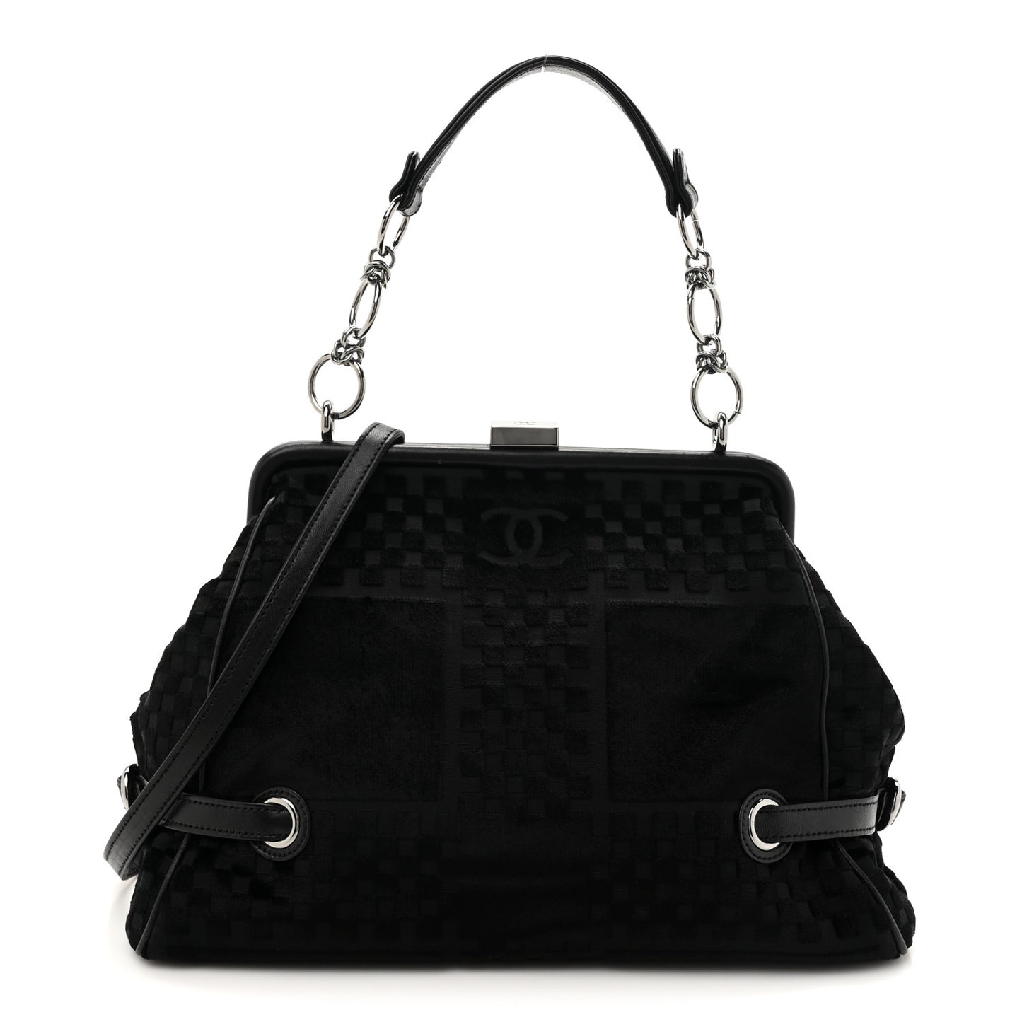 Velvet Checkered Kiss Lock Shoulder Bag Black