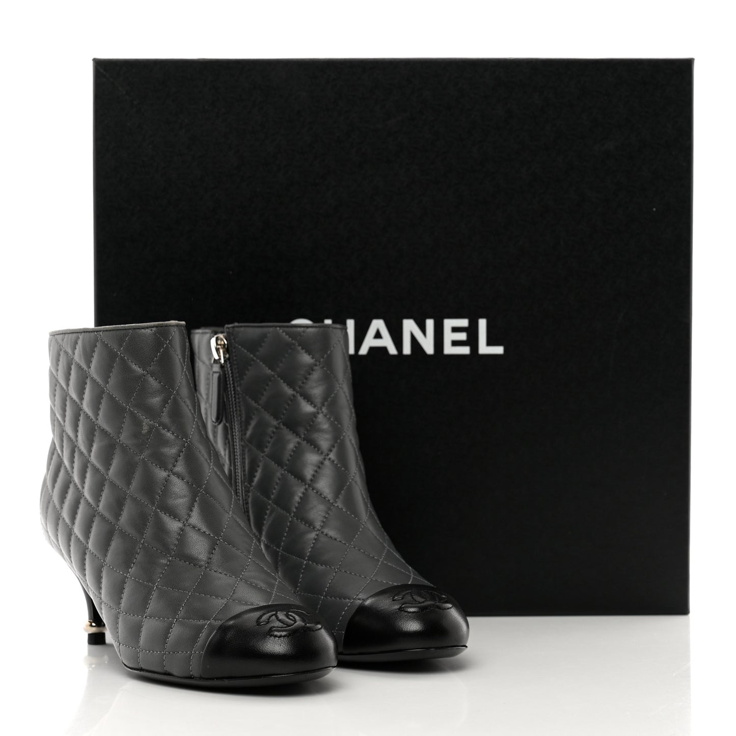 Lambskin Quilted Patent Cap Toe CC Booties 35 Charcoal Black