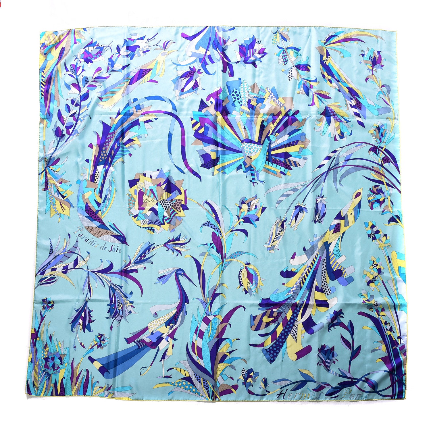 Hermes Silk Twill Paradis De Soie Giant Plume Scarf 140 Aqua Violet Jaune 1 of 6