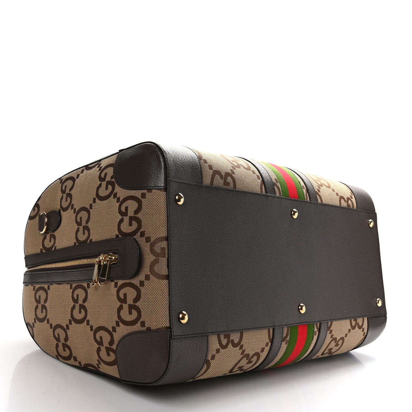 Monogram Jumbo GG Textured Dollar Calfskin Web Maxi Duffle Bag Camel Ebony