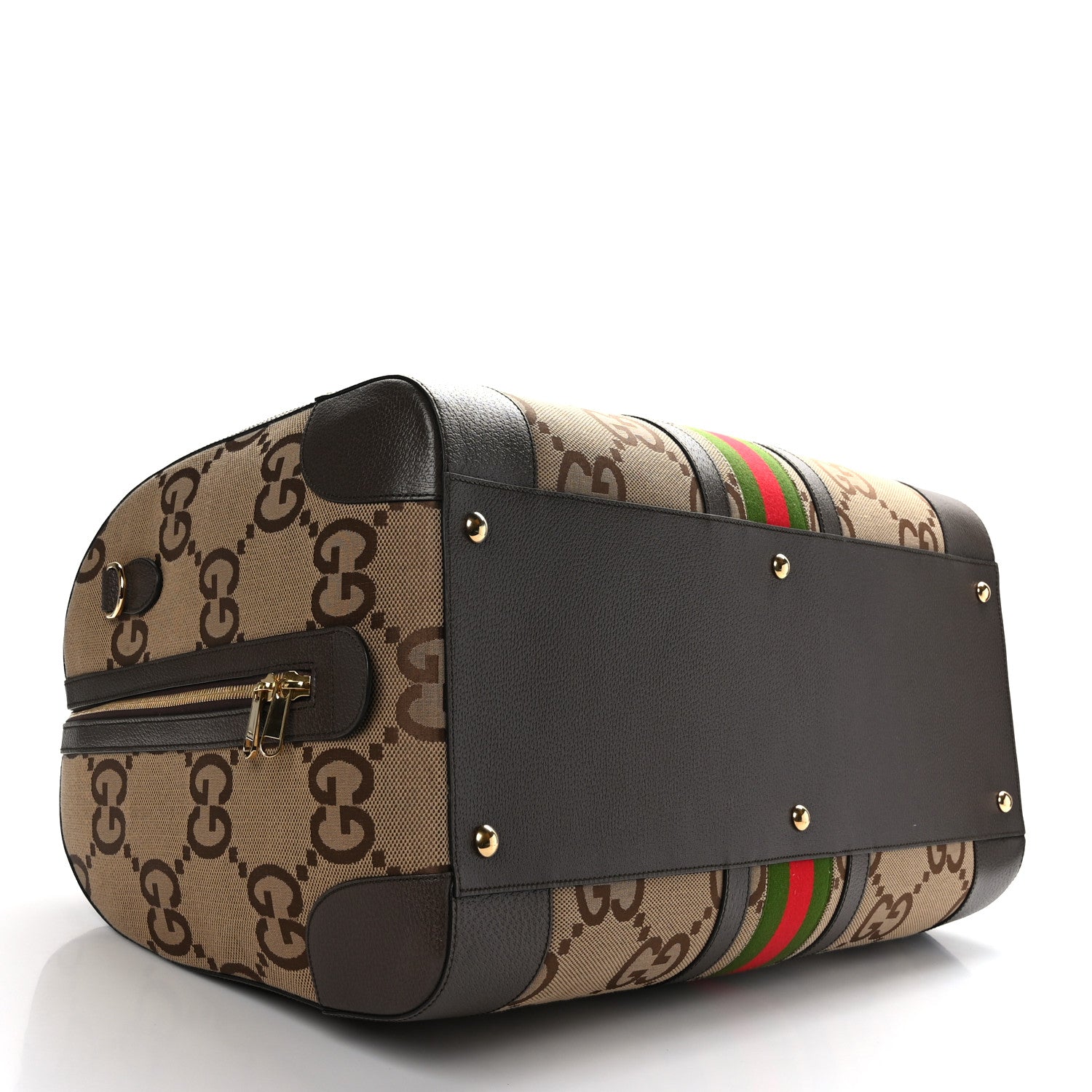 Gucci Monogram Jumbo GG Textured Dollar Calfskin Web Maxi Duffle Bag Camel Ebony 3 of 10