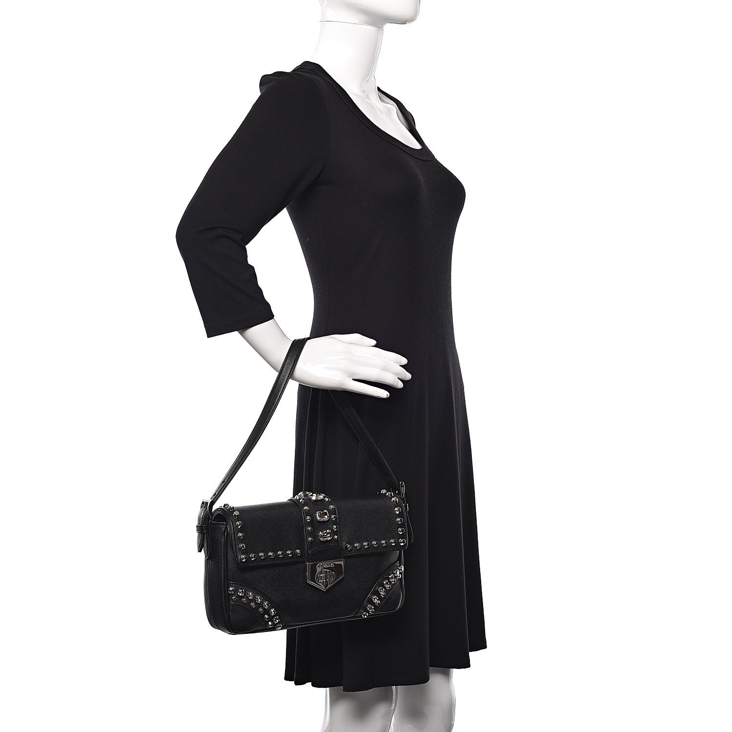 Prada Saffiano Soft Crystal Embellished Shoulder Bag Black 2 of 11