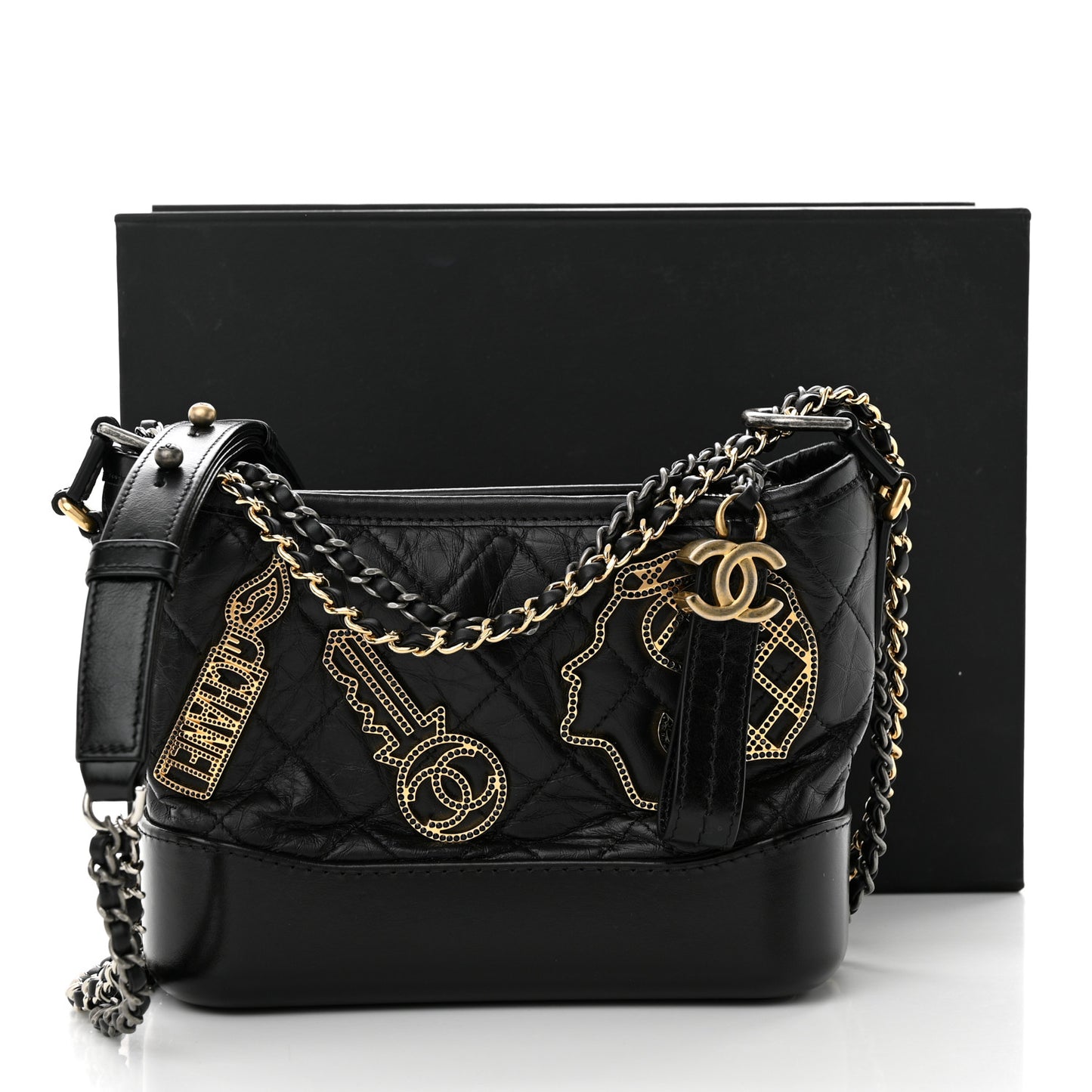 Aged Calfskin Quilted Charms Small Gabrielle Hobo Black