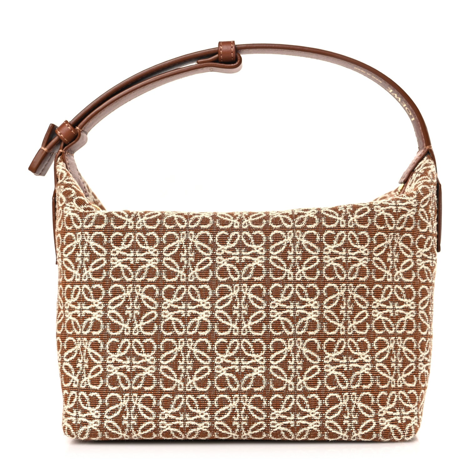 front view image of a LOEWE Jacquard Anagram Calfskin Small Cubi Bag in the colors Tan and Pecan by FASHIONPHILE