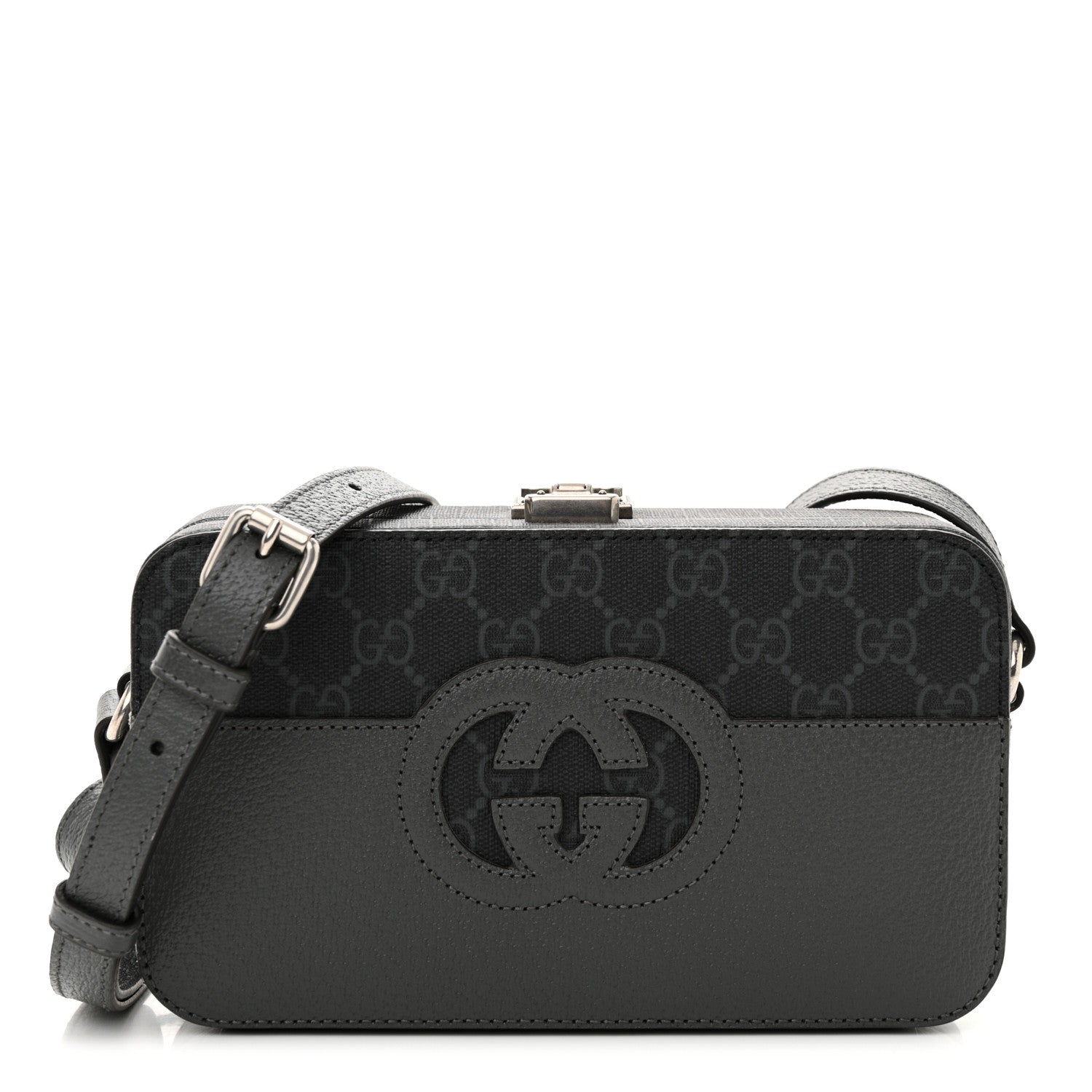 Gucci GG Supreme Monogram Textured Dollar Calfskin Mini New Basket Shoulder Bag Black Grey 1 of 12