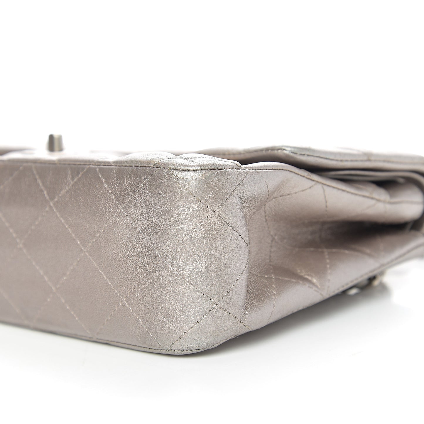Metallic Lambskin Quilted Medium Double Flap Silver