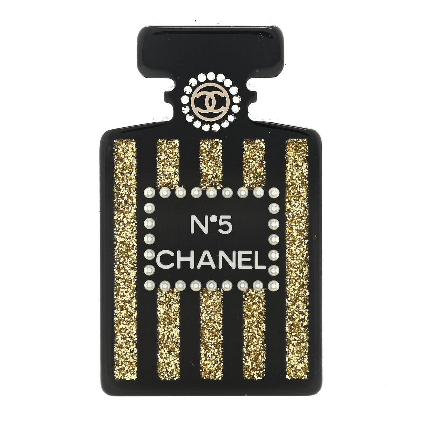 Resin Strass Perfume Bottle CC Brooch Black Gold