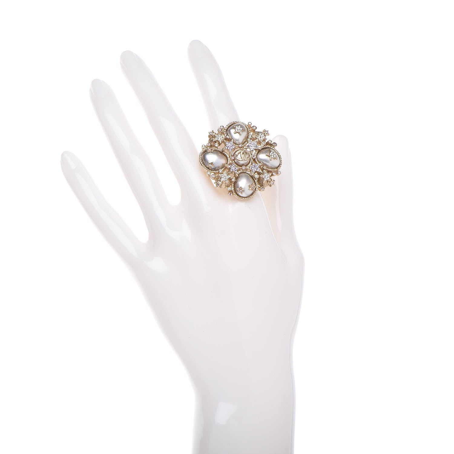 Chanel Crystal Pearl Stars CC Ring 7 Gold Pink 2 of 6