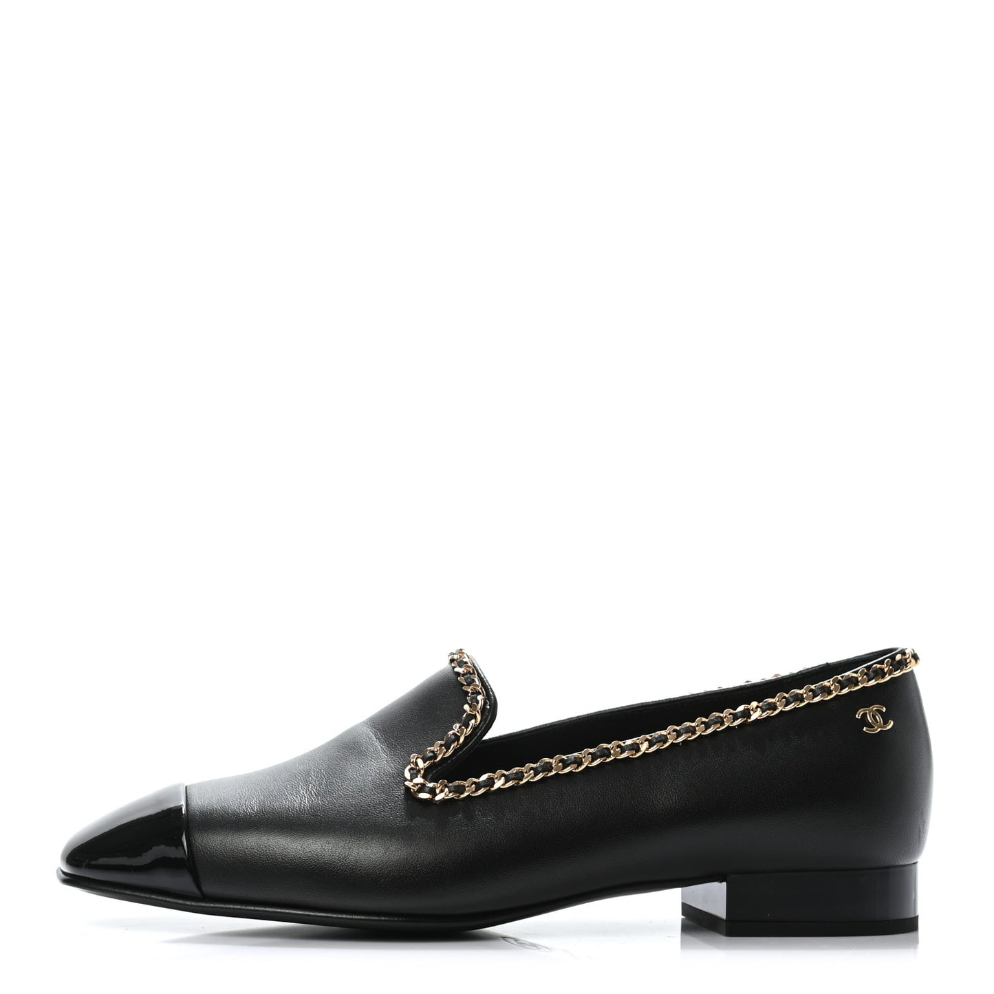 Lambskin Patent Calfskin Chain Cap Toe Loafer 37 Black