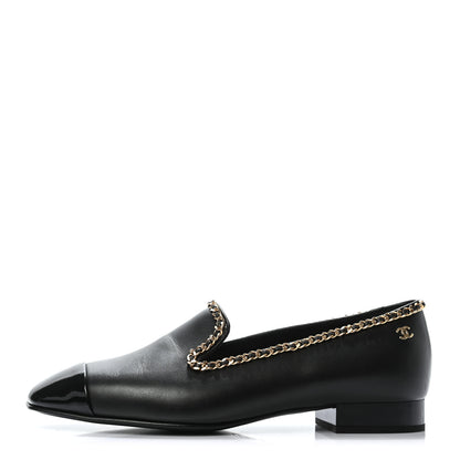 Chanel Lambskin Patent Calfskin Chain Cap Toe Loafer 37 Black 1 of 7