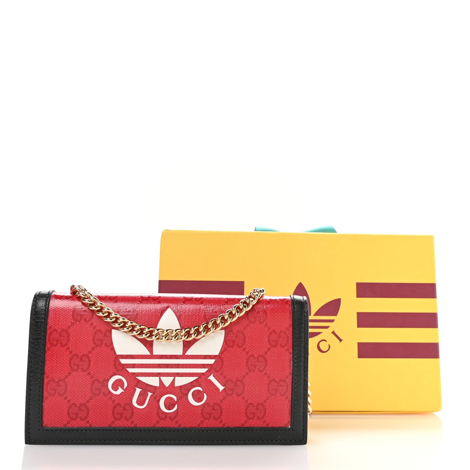 Gucci X ADIDAS Monogram Textured Dollar Calfskin Trefoil Embossed Wallet On Chain Hibiscus Red Off White Black 11 of 11