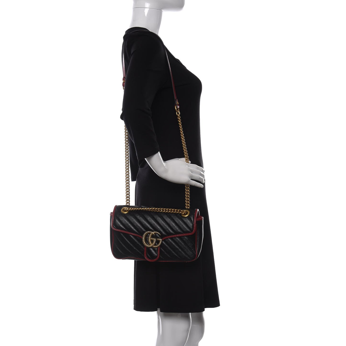 Vintage Effect Calfskin Matelasse Diagonal Small Torchon GG Marmont Shoulder Bag Black Romantic Cherry