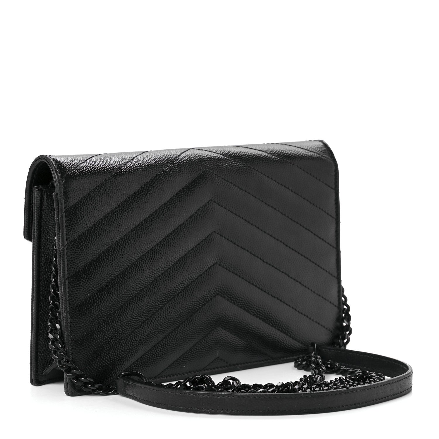 Saint Laurent Grain De Poudre Matelasse Chevron Monogram Monochrome Envelope Chain Wallet Black 3 of 11