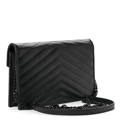 Saint Laurent Grain De Poudre Matelasse Chevron Monogram Monochrome Envelope Chain Wallet Black 3 of 11