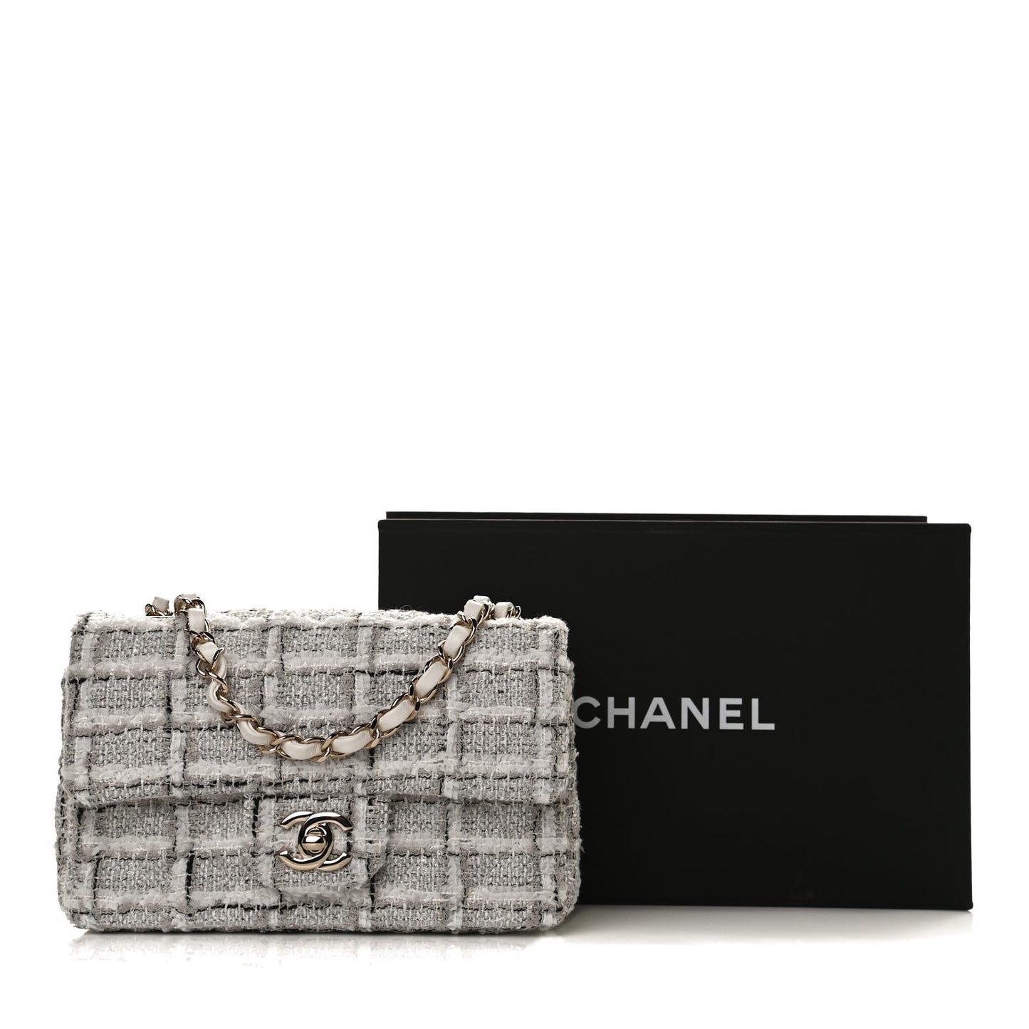 Tweed Quilted Mini Rectangular Flap White Grey