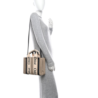 Chloe Linen Calfskin Small Woody Ribbon Tote White Black 2 of 10