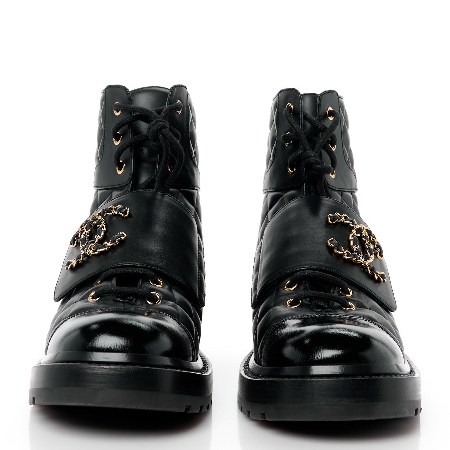 Shiny Calfskin Quilted Lace Up Combat Boots 39.5 Black