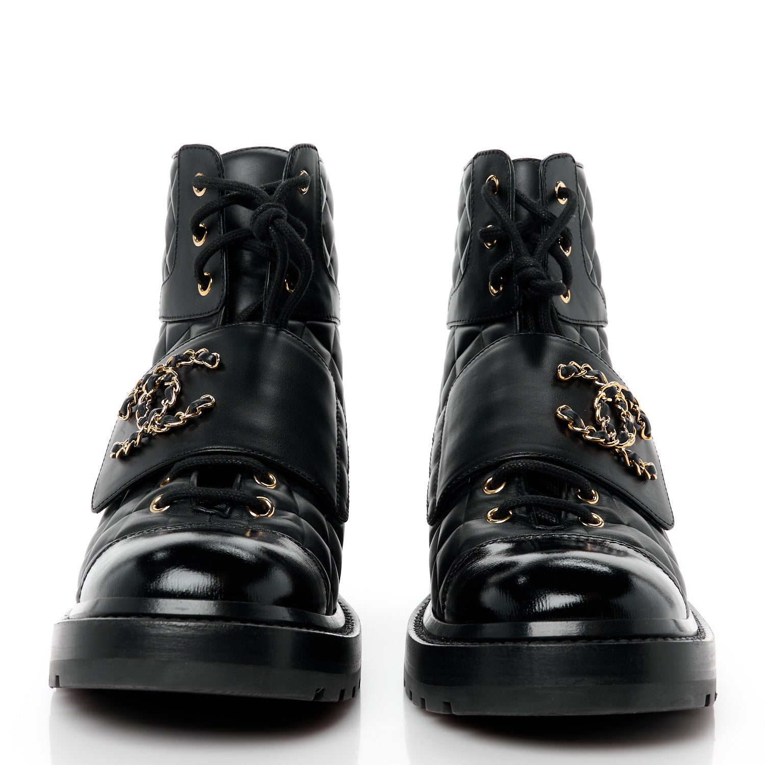 Chanel Shiny Calfskin Quilted Lace Up Combat Boots 39.5 Black 2 of 10