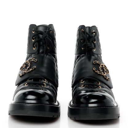 Chanel Shiny Calfskin Quilted Lace Up Combat Boots 39.5 Black 2 of 10
