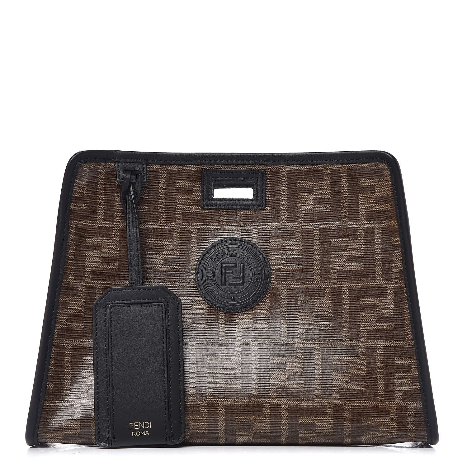 Fendi Glazed Fabric Vitello Century FF 1974 Stamp Patch Mini Peekaboo Defender Cover Mogano Panna Black 1 of 10