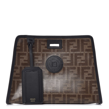 Fendi Glazed Fabric Vitello Century FF 1974 Stamp Patch Mini Peekaboo Defender Cover Mogano Panna Black 1 of 10
