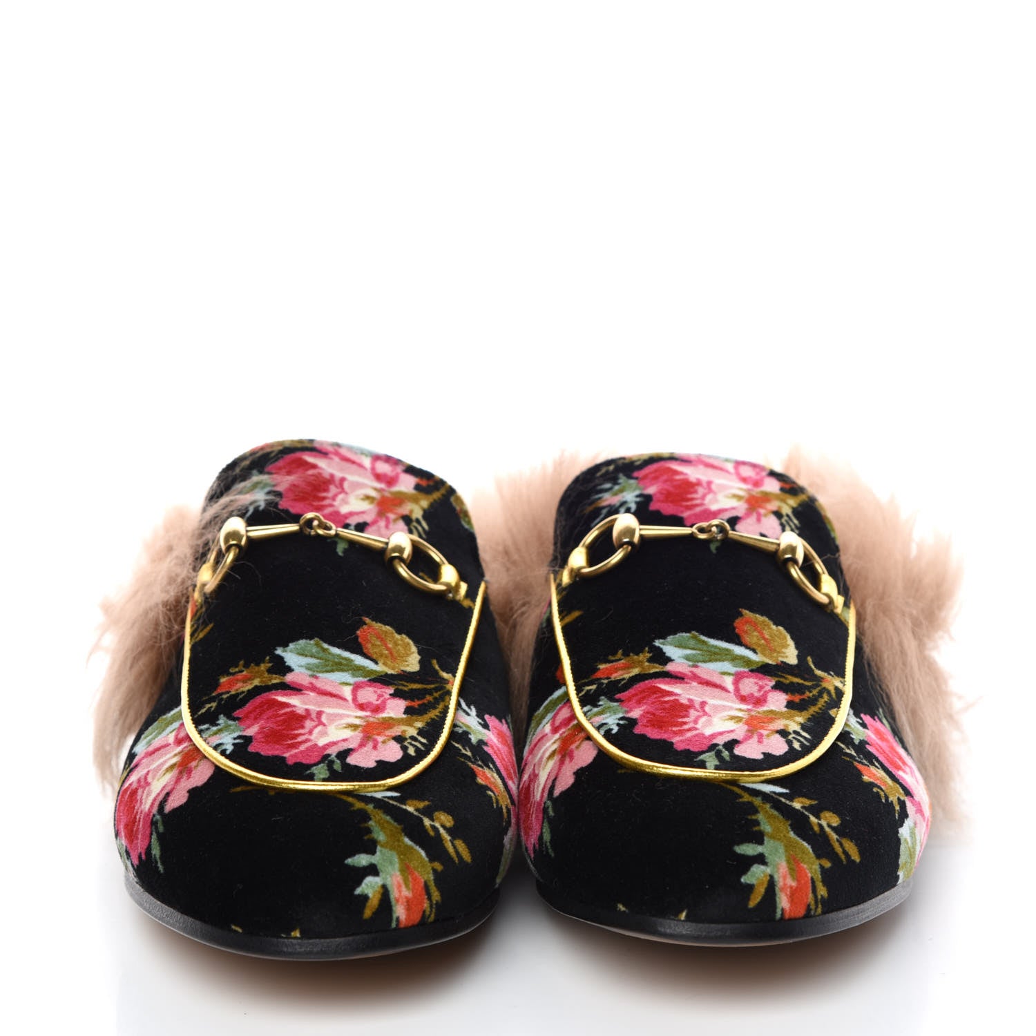 Gucci Velvet Fur Floral Womens Princetown Slippers 39.5 Black 2 of 8