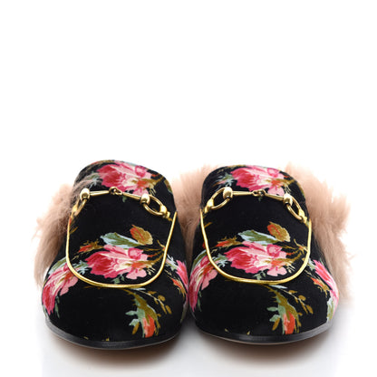 Gucci Velvet Fur Floral Womens Princetown Slippers 39.5 Black 2 of 8