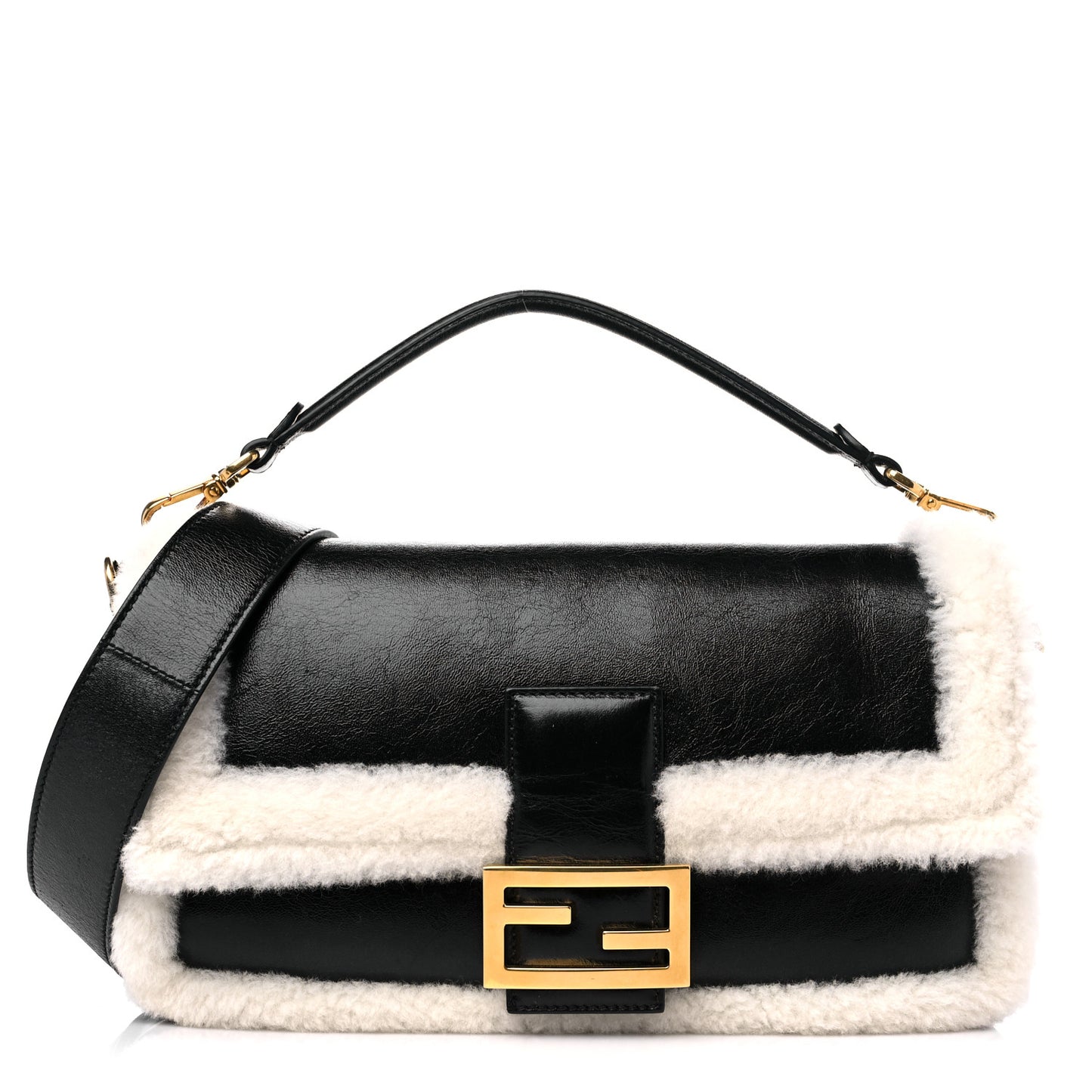 Lambskin Sheepskin Fur Large Baguette Black