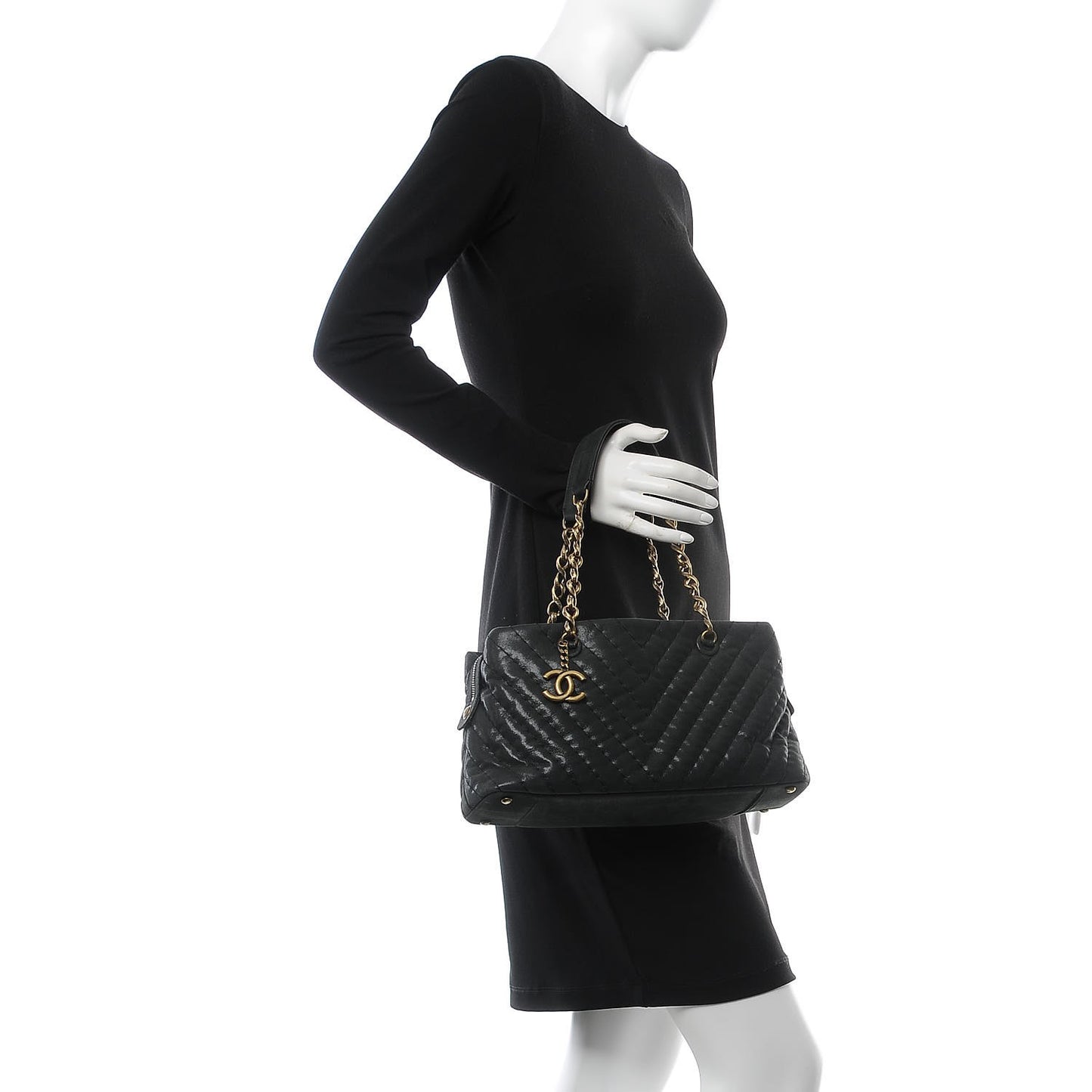 Iridescent Calfskin Chevron Quilted Surpique Tote Black