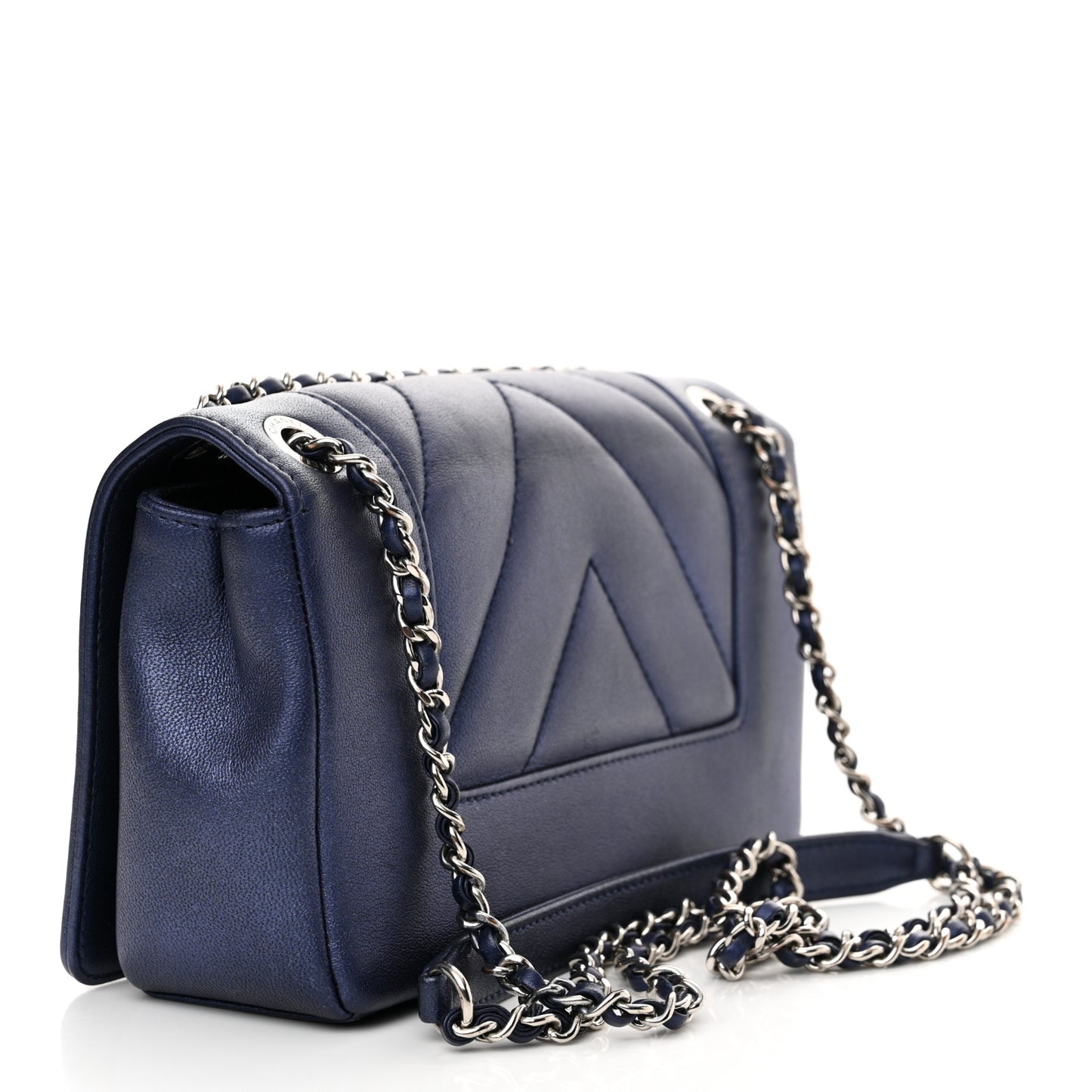 Metallic Sheepskin Chevron Quilted Medium Vintage Mademoiselle Flap Navy