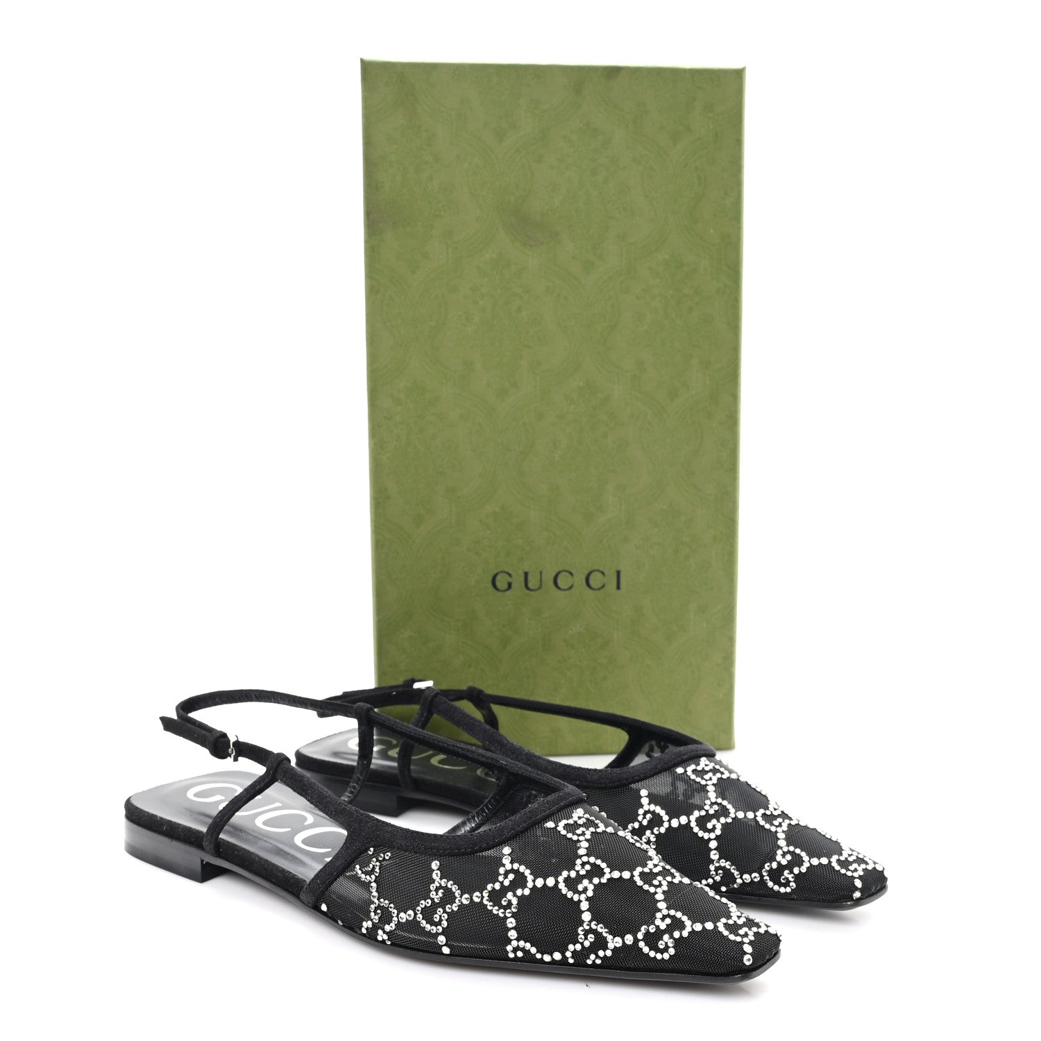 Gucci Suede Mesh Crystal GG Monogram Slingback Ballet Flats 39 Black 9 of 9