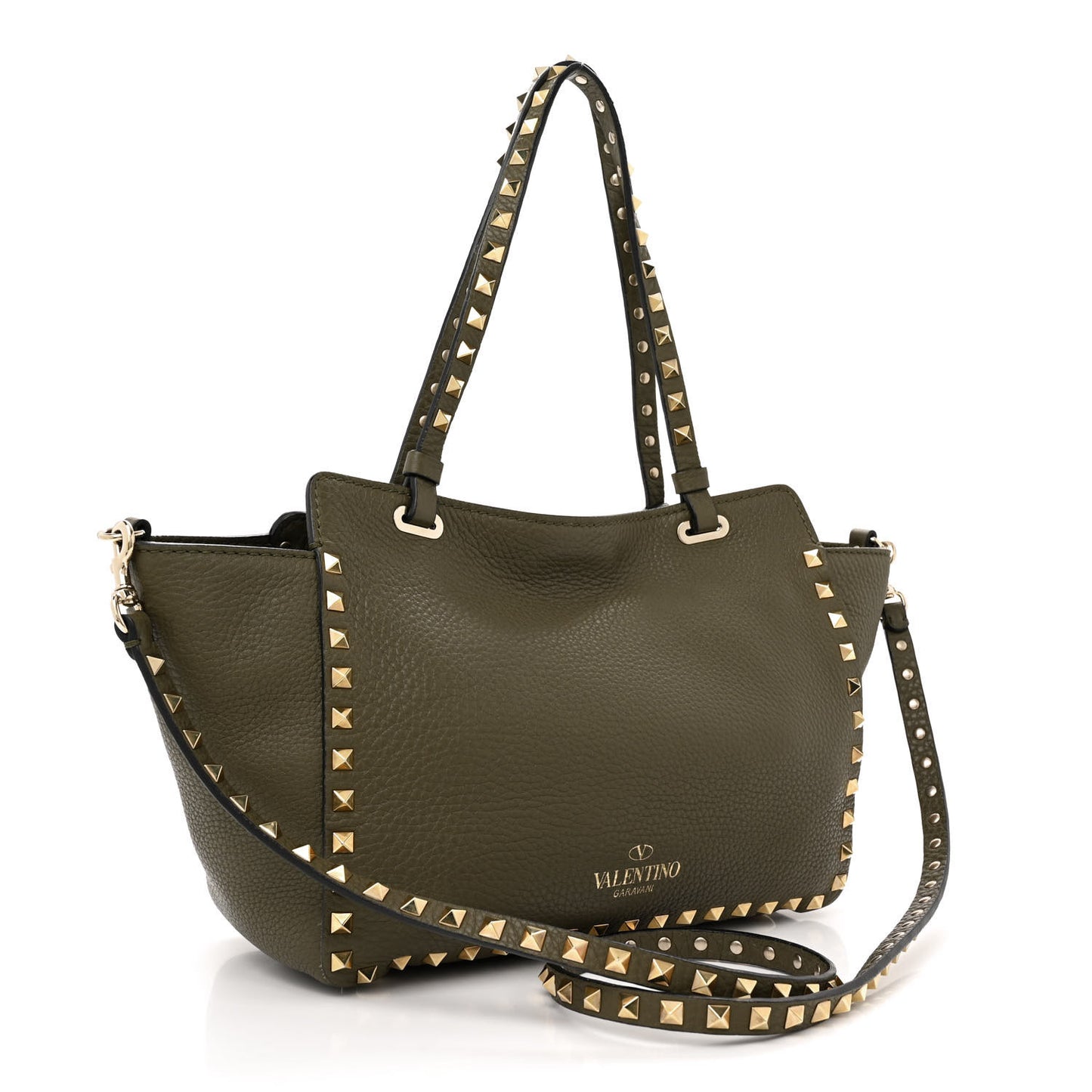 VALENTINO GARAVANI Pebbled Calfskin Small Rockstud Tote Army Green