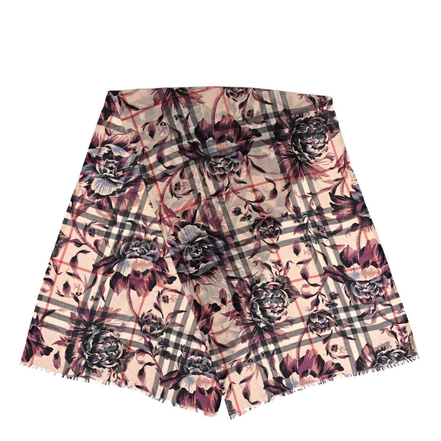 Modal Cashmere Check Peony Rose Print Shawl Scarf Beige Multicolor