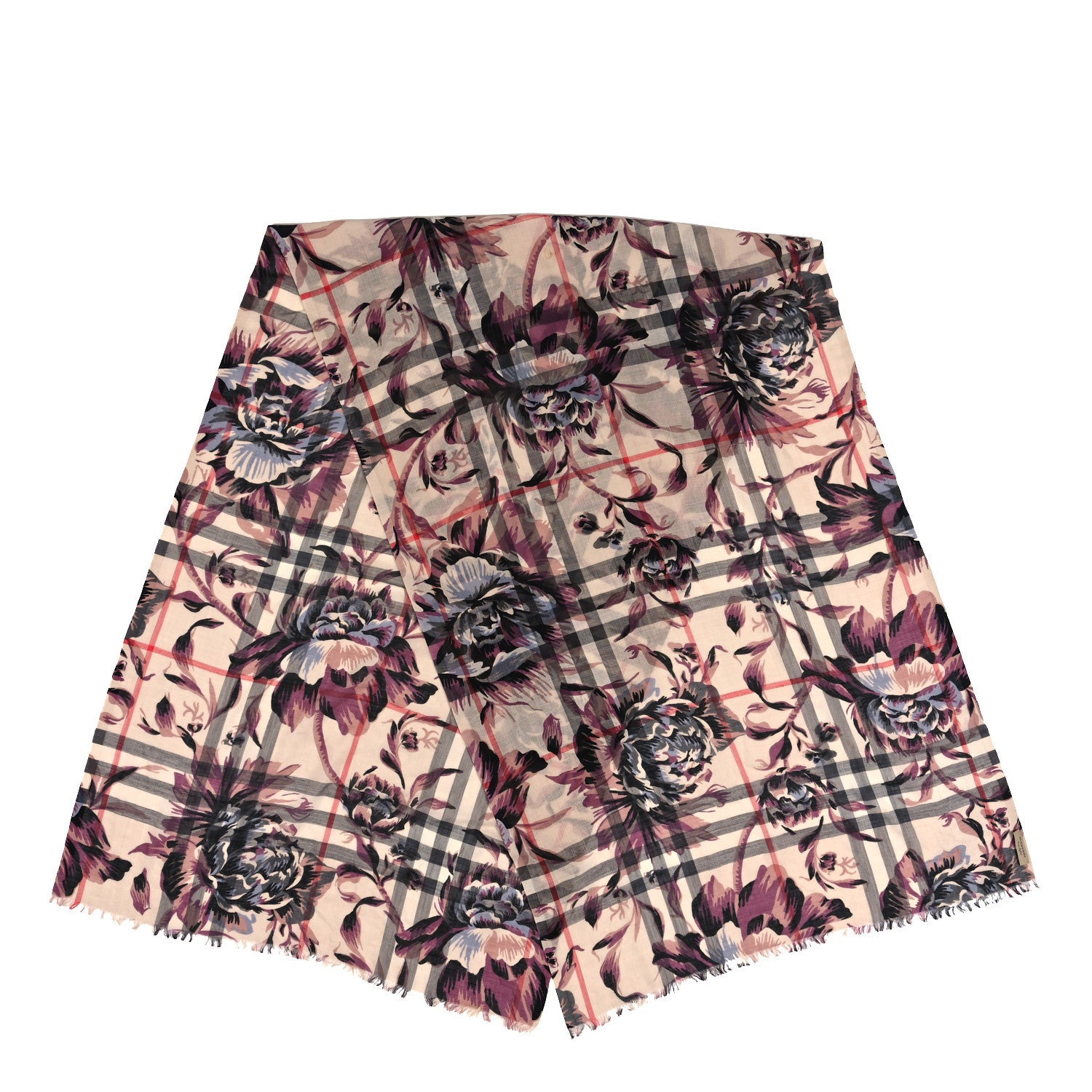 Burberry Modal Cashmere Check Peony Rose Print Shawl Scarf Beige Multicolor 2 of 4