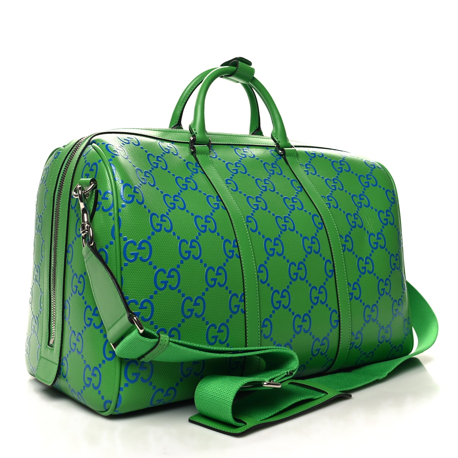 Gucci Calfskin GG Tennis Embossed Large Duffle Bag Joy Green Joy Blue 2 of 12
