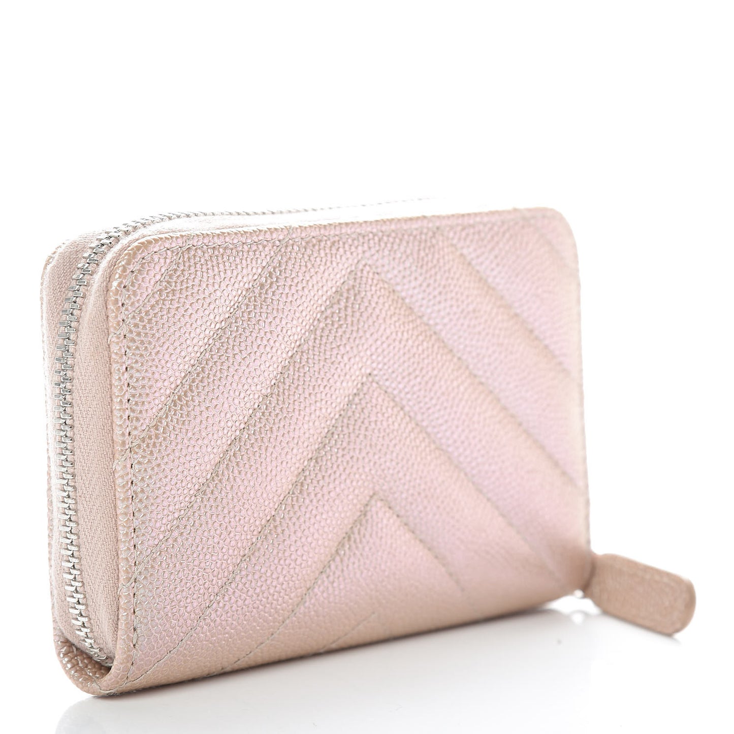 Metallic Caviar Chevron Quilted Zip Around Coin Purse Light Gold