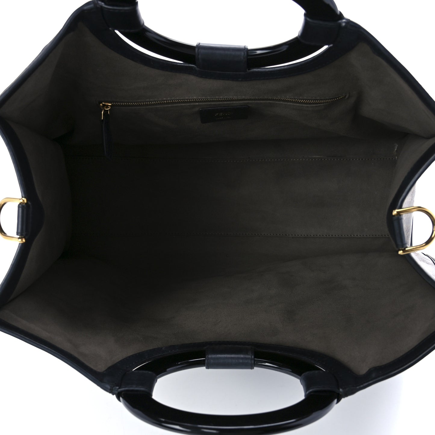 Glazed Fabric Vitello Century Plexiglass FF 1974 Stamp Patch Medium Runaway Shopper Tote Mogano Panna Black