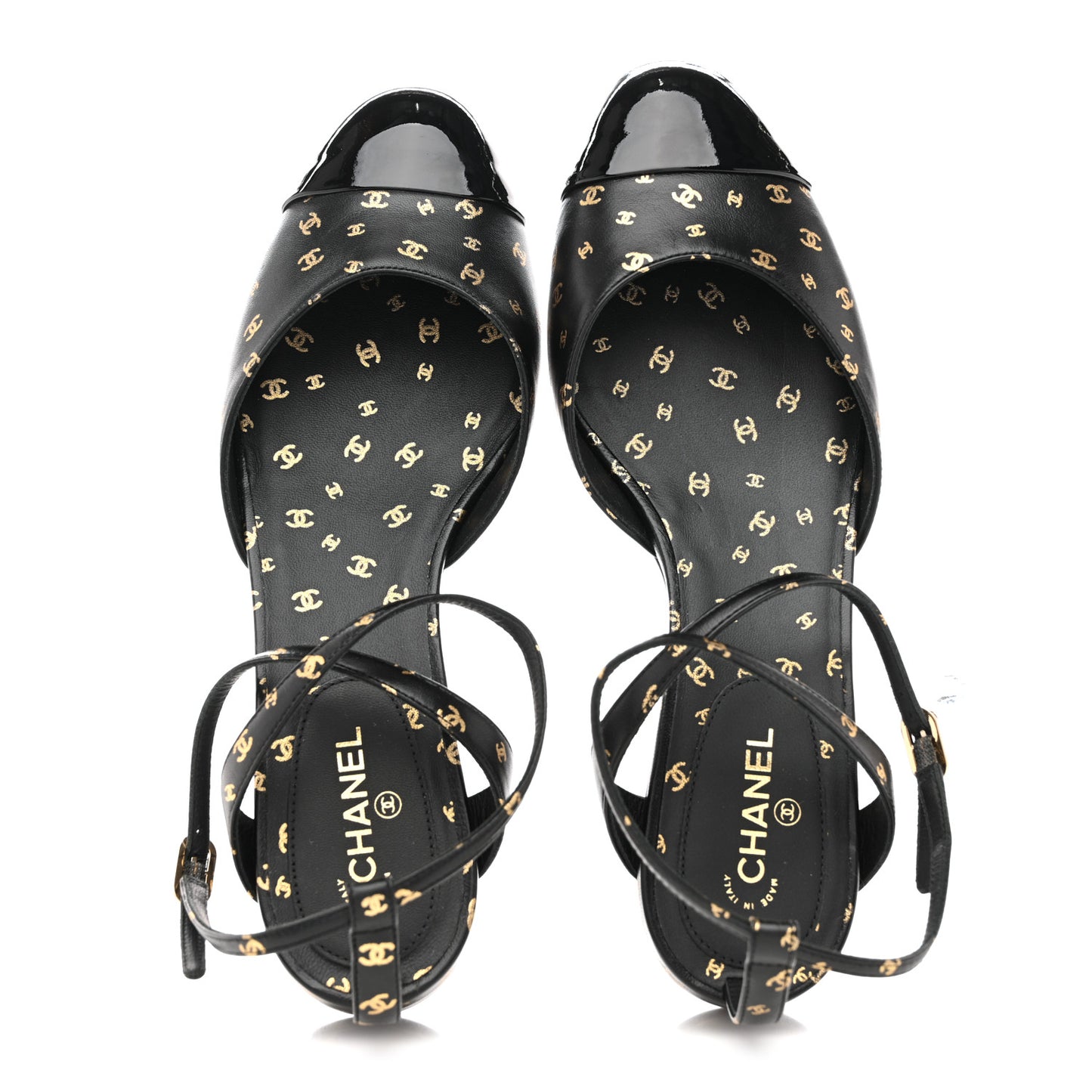 Printed Lambskin Patent Calfskin CC Slingback Flats 38.5 Black Gold