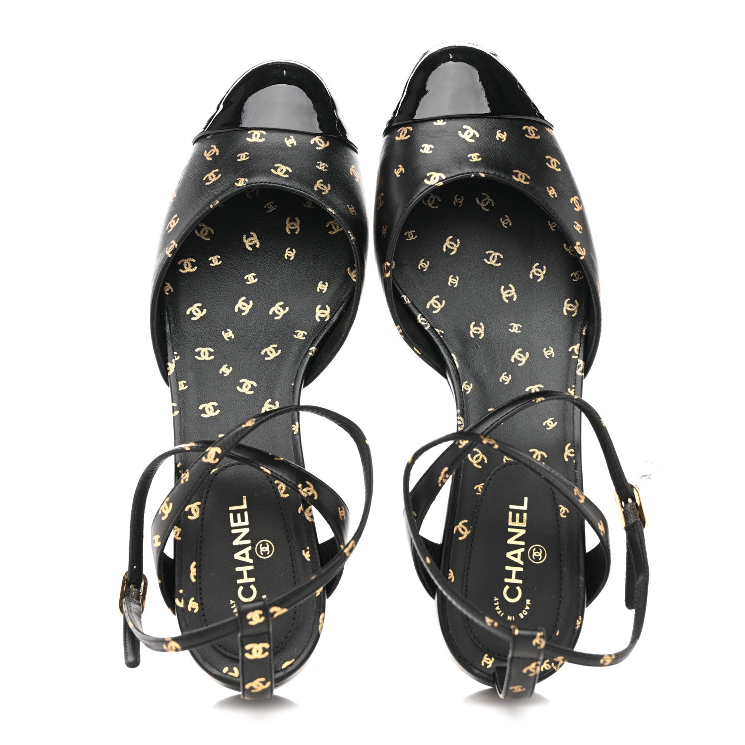 Chanel Printed Lambskin Patent Calfskin CC Slingback Flats 38.5 Black Gold 2 of 10