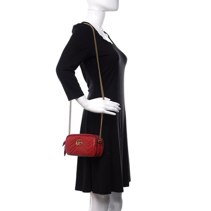 Gucci Calfskin Matelasse Mini GG Marmont Chain Crossbody Bag Hibiscus Red 2 of 12