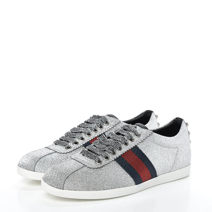 Gucci Glitter Fabric Studded Web Sneakers 36 Silver 3 of 8