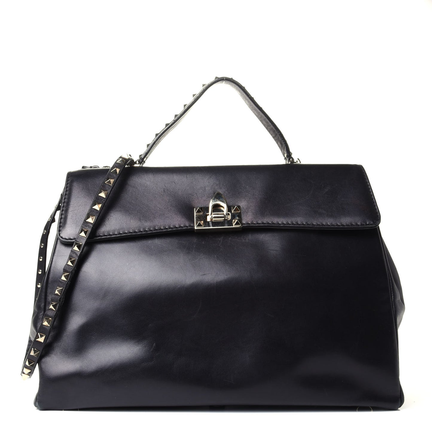 Vitello Large Rockstud Single Handle Flap Satchel Black