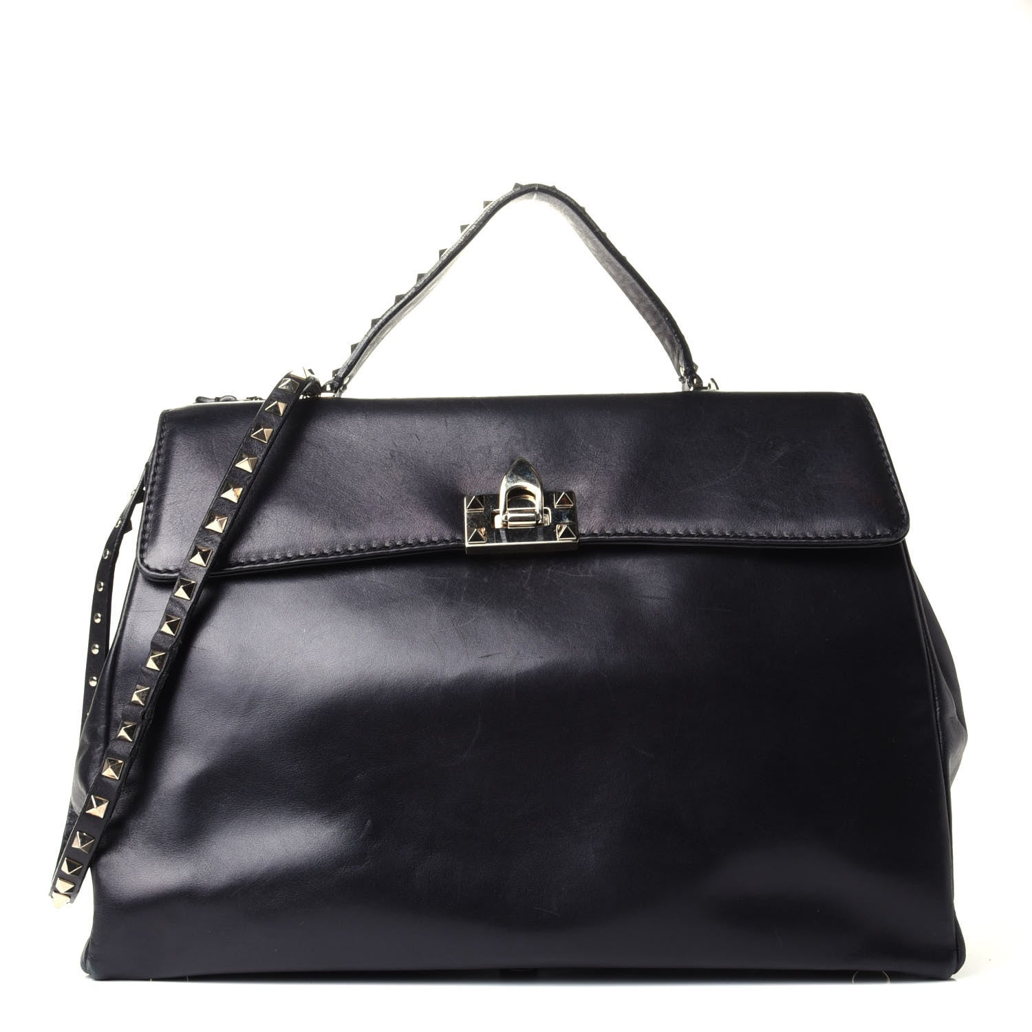 Valentino Garavani Vitello Large Rockstud Single Handle Flap Satchel Black 1 of 12