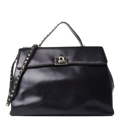 Valentino Garavani Vitello Large Rockstud Single Handle Flap Satchel Black 1 of 12