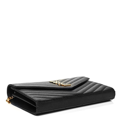 Saint Laurent Grain De Poudre Matelasse Chevron Monogram Chain Wallet Black 6 of 8