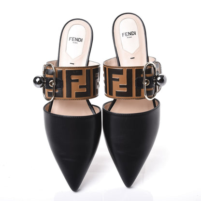 Fendi Vitello FF Embossed Buckle Flat Mules 37.5 Maya Black 5 of 10