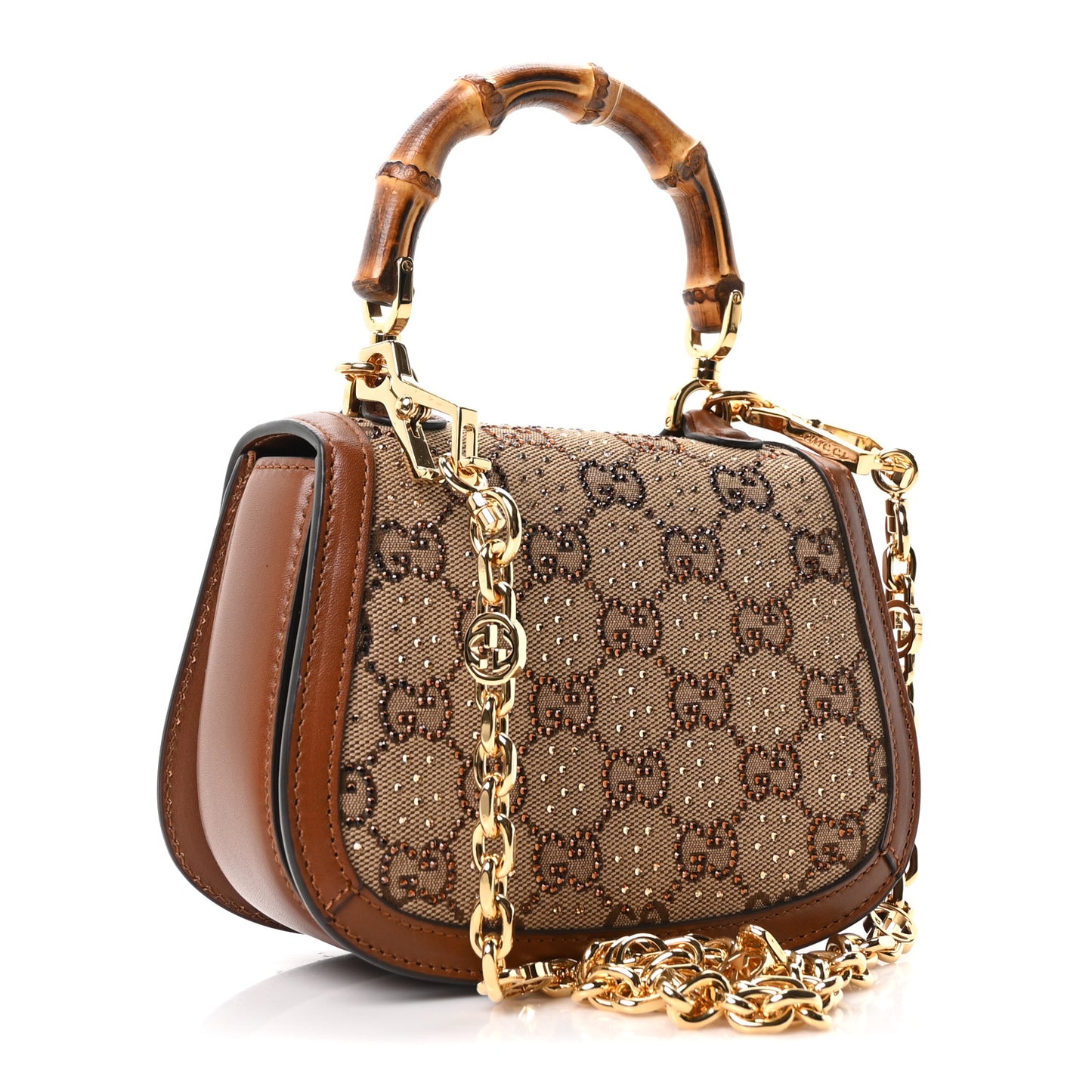 New Canvas Charisma Calfskin Crystal GG Monogram Small Bamboo 1947 Top Handle Bag Camel Ebony